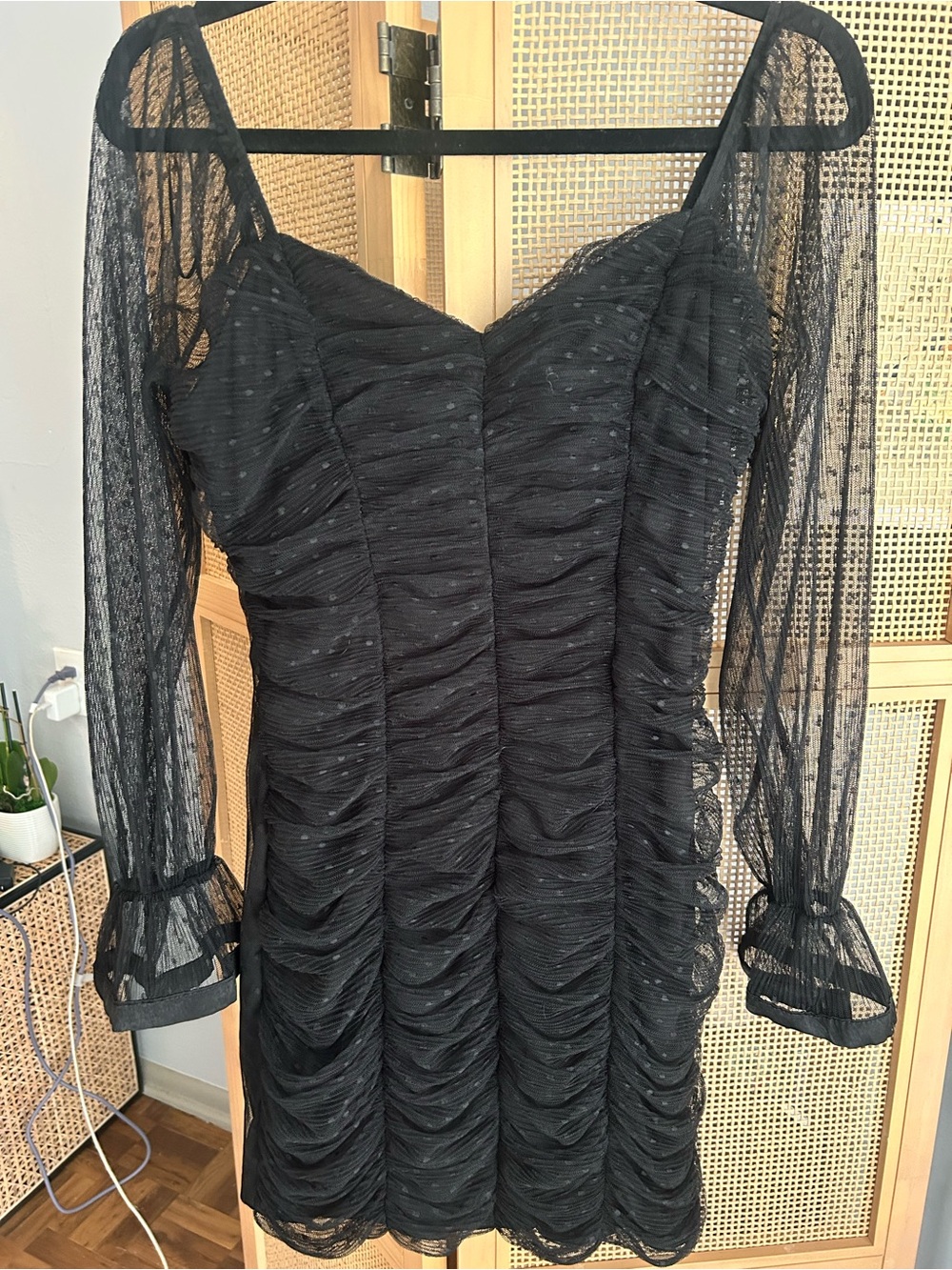 Haute Monde Black Ruched Mesh Mini Dress Sheer Sleeves Size L - Picture 3 of 6